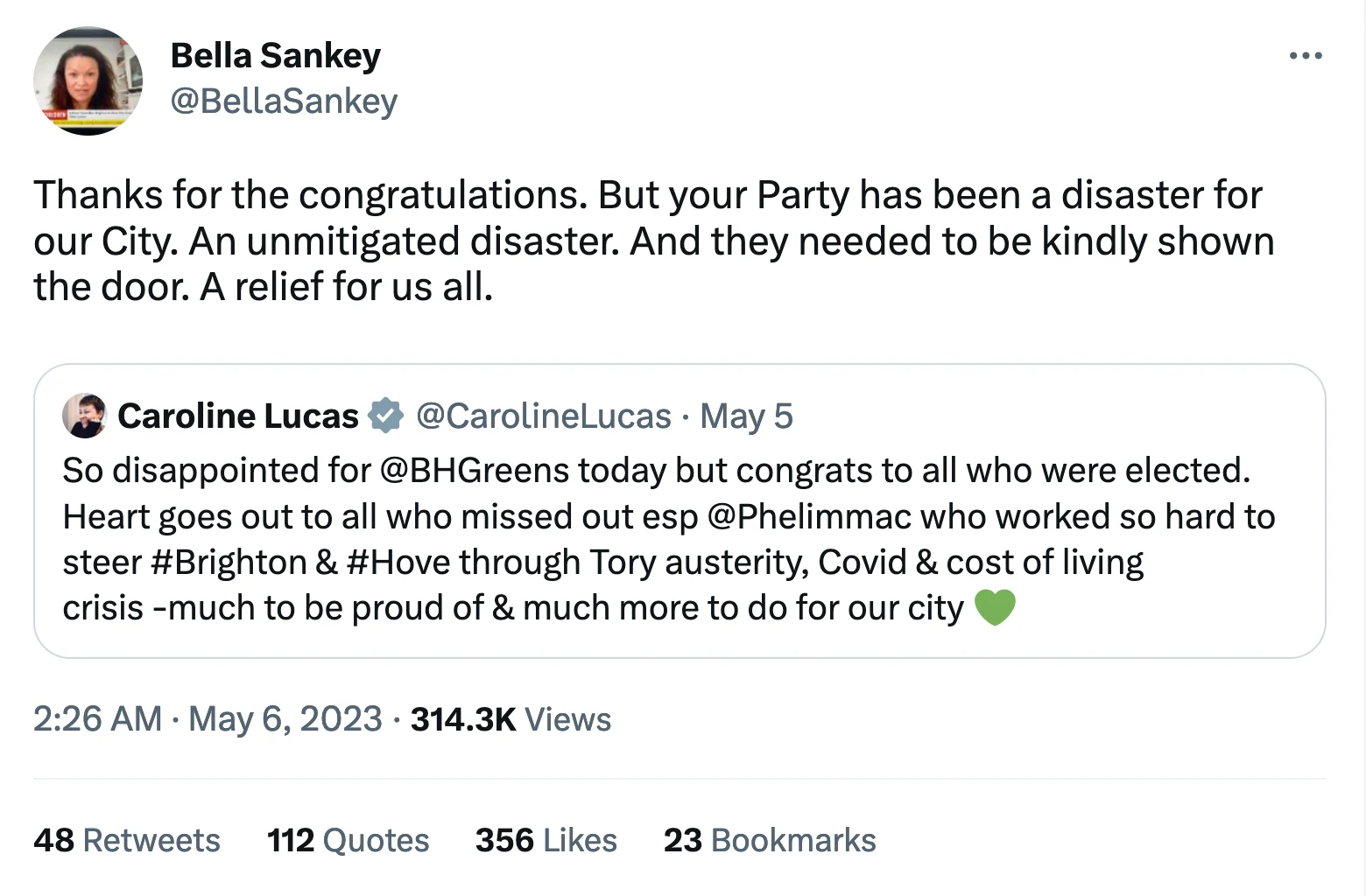 Thanks for the congratulations. But your Party has been a disaster for our City. An unmitigated disaster. And they needed to be kindly shown the door. A relief for us all.